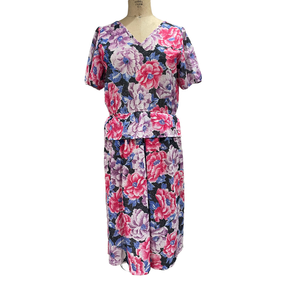 Vintage 80s Peplum Floral Ruffle Day Dress LARGE